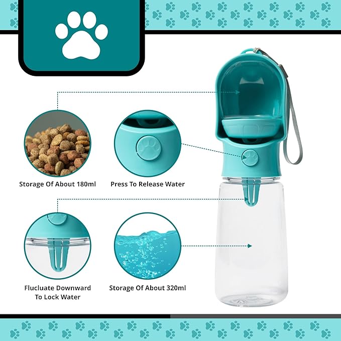 Leak Proof Portable Dog Water Bottle with Bowl – Travel Pet Water Dispenser for Walking & Hiking – Food Grade Plastic – Choose from 3 Colors (Blue, 320 ml)