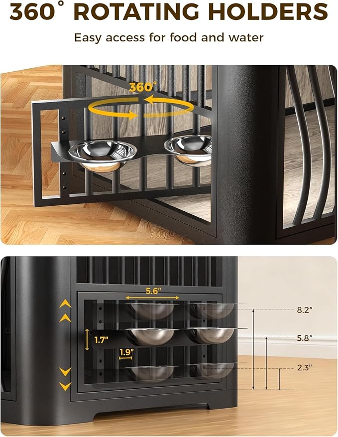 48 Inch Large Dog Crate Furniture, Heavy Duty Wood Dog Kennel Furniture Indoor for Large and Medium Dogs, Pet Crate Furniture with Adjustable Rotating Hanging Bowl and Table, Grey