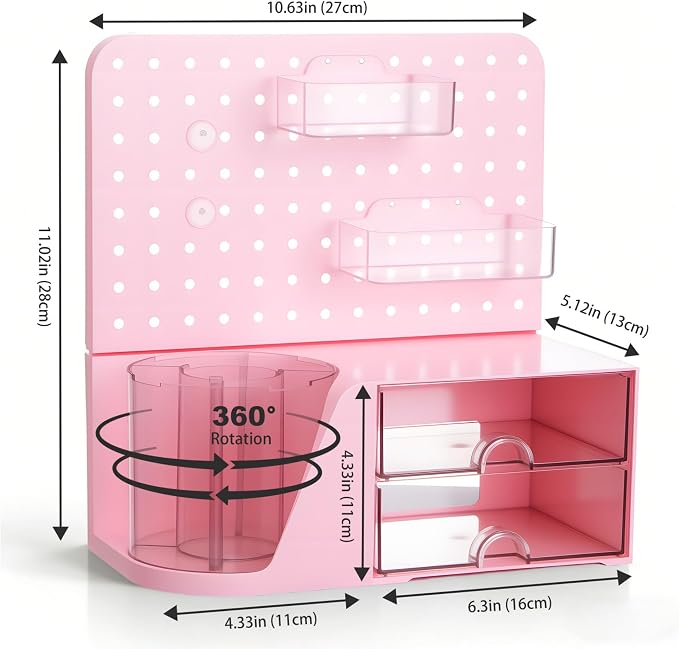 Comix Desk Organizer with 2 Drawer, Pink 360° Rotating Pen Holder for Desk | Desk Organizers and Accessories with 5 Slots Pencil Holder+Pegboard+Drawer, Pen Organizer for Home School Art Office Supplies