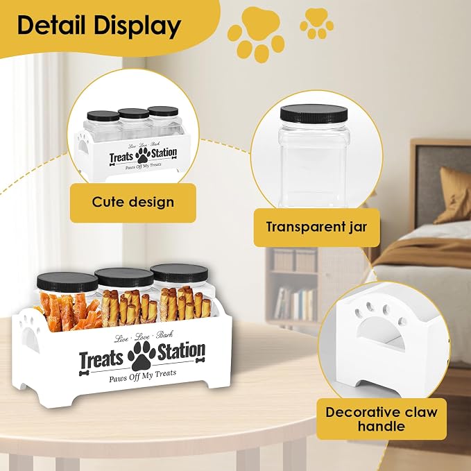 Dog Treat Container With 3 Plastic Cat Food Jars, Farmhouse Pet Storage Organizer for Dogs and Cats (White)