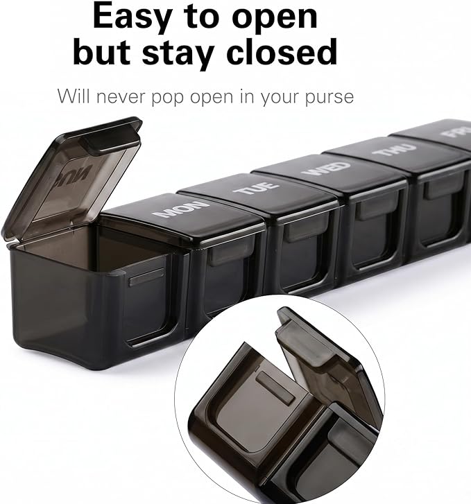 BUG HULL Weekly Pill Organizer Large 2 Packs, Extra Large Travel Pill Organizers, Pill Box 7 Day, Travel Pill Case, Medicine Pill Organizer for Vitamins, Supplements and Medications (Black+White)