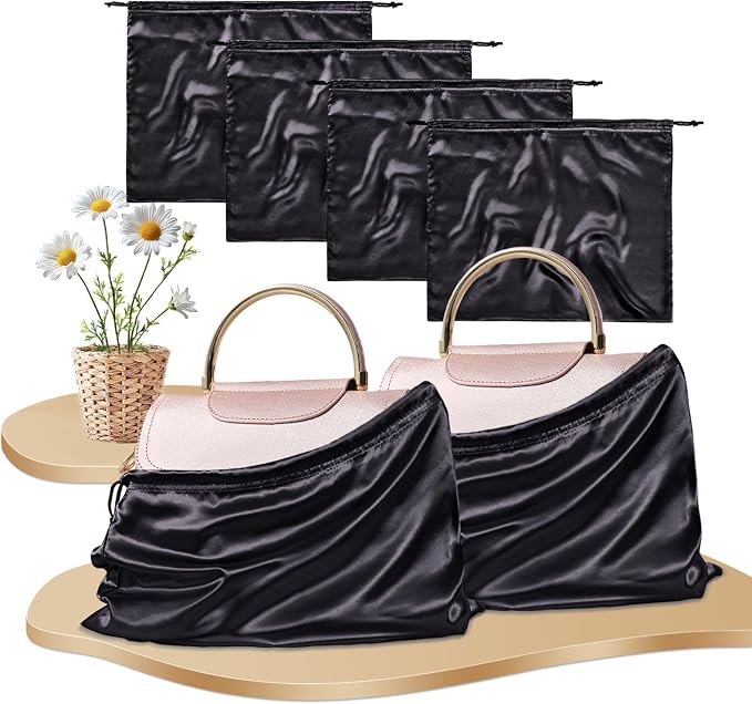 RUDONG M Satin Dust Bags for Handbag, Black, 4 Pack | Silky Dust Cover, Drawstring, For Storage & Travel, For Purse Clothes Shoes