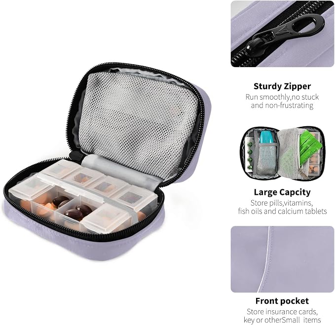 Pill Box 7 Day Case Travel Organizer Bag with Zipper Portable Weekly Compact Size for Vitamin Supplement Holder, Solid Color Lavender Purple, 4.6 x 3.14 1.88 Inch, 0.12 kilograms