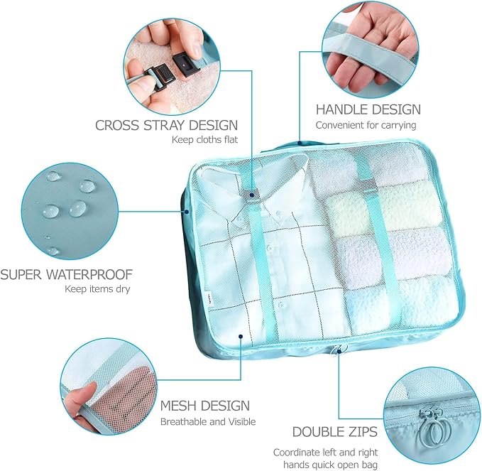 LANSKLBD 6/8 Set Packing Cubes for Suitcases Travel Luggage Packing Organizers,Travel Accessories Essentials Luggage Organizer with Shoe/Tioletry/Laundry Bag (Light Blue, 8 set)
