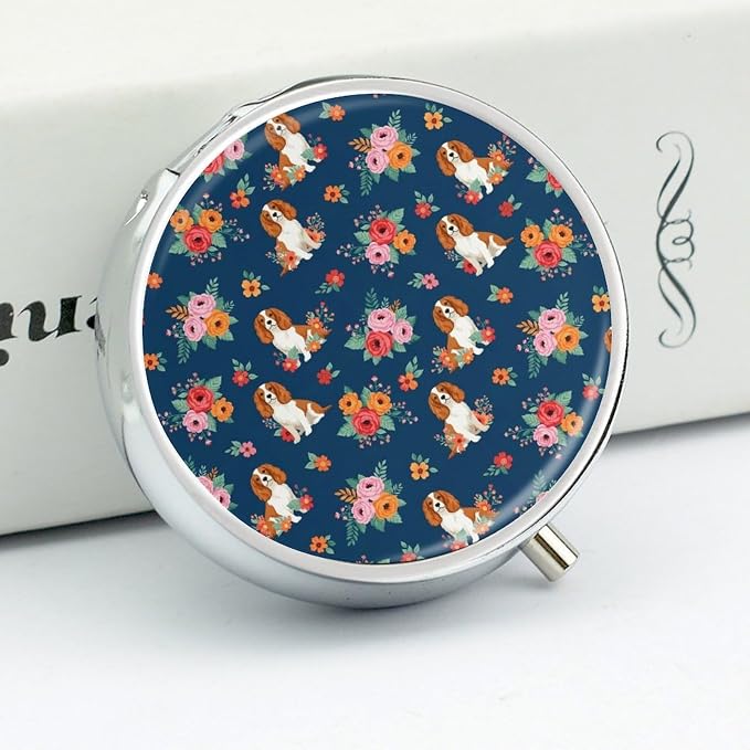 Round Travel Pill Box with Mirror English Springer Spaniel and Retro Floral, 3 Compartment Metal Pill Holder for Purse Fish Oil Supplements