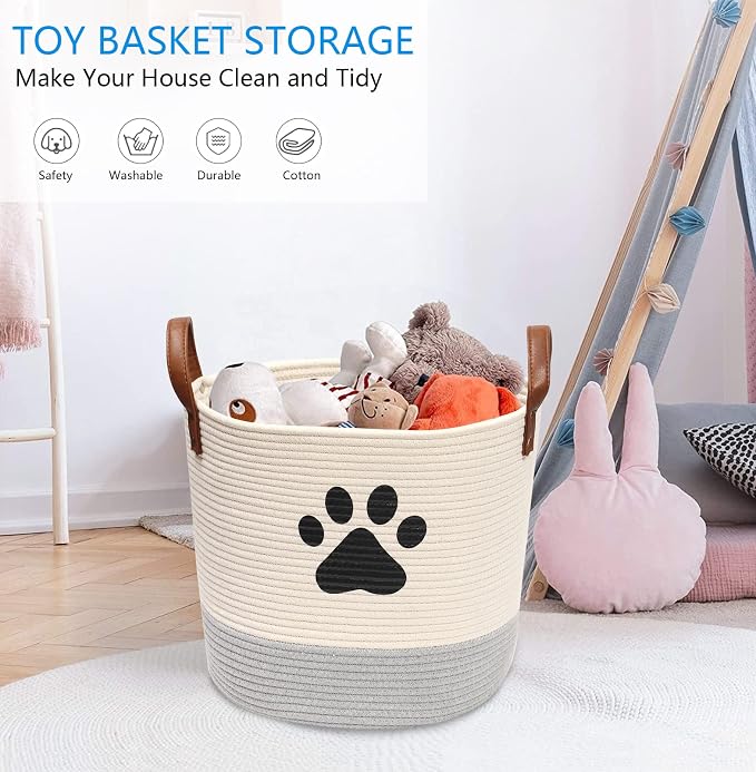 Cotton rope dog toy basket, puppy bins, laundry basket blanket storage bin - Perfect for organizing pet toys, blankets, leashes White Gray
