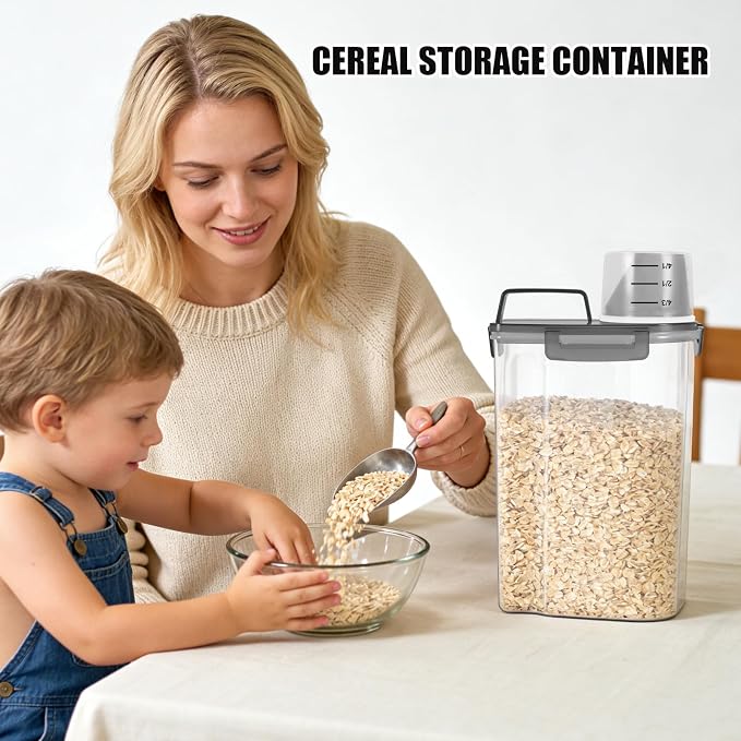 2 Pack 3 Lbs Pet Dog Cat Food Bird Seed Storage Containers for Travel -Grey | Airtight 5 Lbs Rice Dispenser Flour Container Keep Fresh Portable Cereal Oatmeal Holder Large Pour Spout Measuring Cup Handle