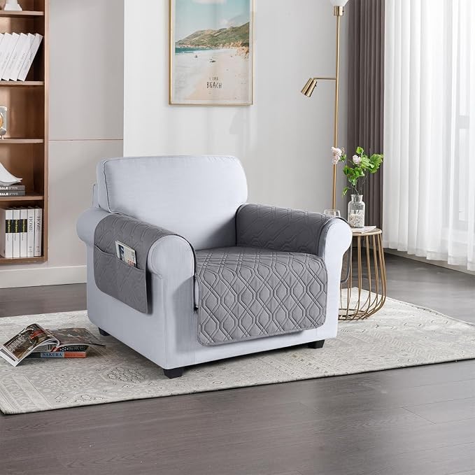 VANSOFY Waterproof Chair Seat Cover for Pets, Light Gray, 22" | Non-Slip, Washable, Utility Pockets, Pet Friendly, Furniture Protector Slipcover for 1 Seater Couch
