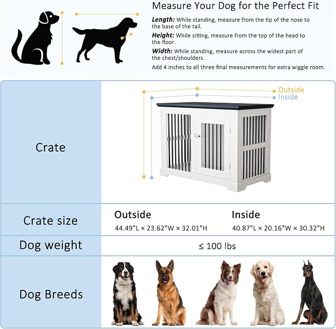 44" Wooden Dog Crate Furniture,Large Kennel Pet Cage End Table for Indoor | for XXL XL Medium Dogs, White and Grey, Fits Living Room Bedroom, Heavy Duty Steel Frame with Lock 100 lbs Cap, 100 lbs Top.