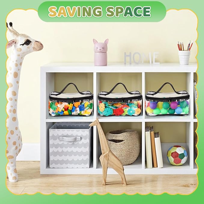 4 Pack Clear Toy Storage Bags, PVC Waterproof Toy Organizer, Black | Waterproof PVC, Transparent View, Reusable Zip Bags, Label Tags, for Blocks, Puzzles, Board Games, Travel and Home Storage