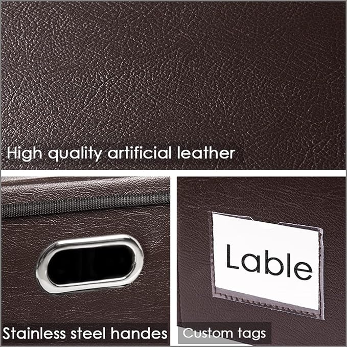 Collapsible Storage Box with Lid [3-Pack] Leather Fabric Foldable Storage Bin Organizer Container Basket Cube with Cover for Home Bedroom Closet Office Nursery Brown(22.8X15.7X11.8)