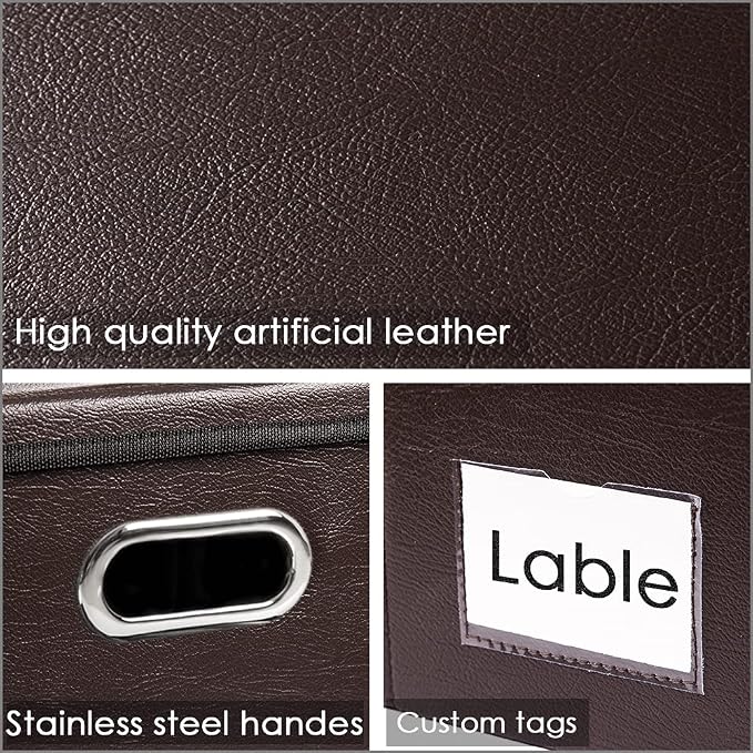 Collapsible Storage Box with Lid [1-Pack] Leather Fabric Foldable Storage Bin Organizer Container Basket Cube with Cover for Home Bedroom Closet Office Nursery Brown (22.8X15.7X11.8)