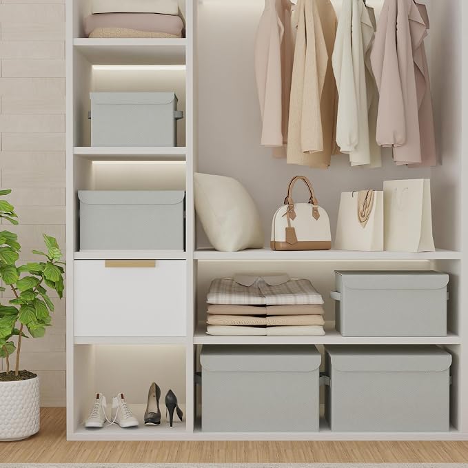 Storage Boxes, Clothes Bins with Lids, 2 Pack, Grey, 15x9.8x9.8 In | Closet Boxes with 2 Carrying Handles, Sturdy Heavy PP-board, Home Organizers Cubes with Cover for Organizing