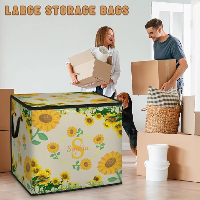 Custom Name Large Clothes Storage Organization with Lids, Kids Toys Bin Shelf Basket, Bedding Clothes Storage Bin for Nursery, Gift Basket, Sunflowers Dark Beige Background