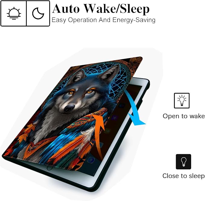 for Microsoft Surface Pro 7 Plus,Surface Pro 7/6/5/4 12.3" Tablet Case,Auto Wake/Sleep,Adjustable Stand Protective Cover - Wolf Dreamcatcher