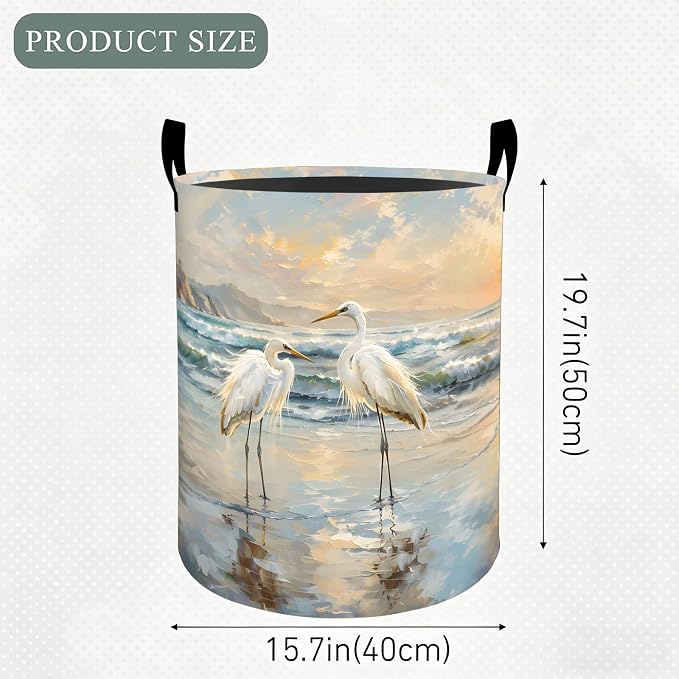 Elegant Great Egret Laundry Basket Hamper, Organizer Bins Gifts for Women Kids, Coastal Bird Foldable Waterproof Clothes Hamper Handles Storage Bucket for Bedroom Bathroom Room Decor 19.7"x15.7"