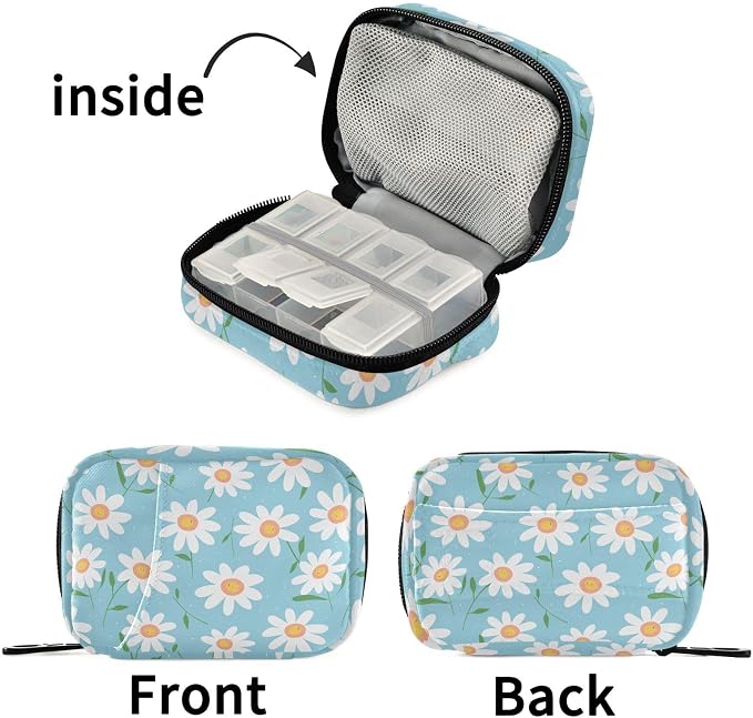 Fustylead Cartoon Daisy on Light Blue Background Pill Organizer for Purse, Weekly Portable Pill Box with Zipper to Storage Vitamins Fish Oils Medications Supplements