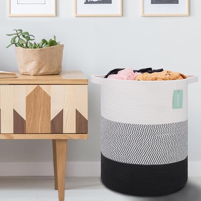 Cotton Rope Blanket Basket, 72L Laundry Hamper, White& Gray& Black