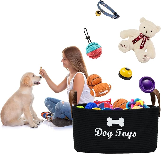 Large Dog Toy Basket, 100% Cotton Rope Dog Toy Storage Bin-Black | Dog Toy Box for Livingroom Area with Handle for organizing Pet toys,Blankets,Leashes,Pee Mats and Diapers-16.5"x10.6"x 7.5"