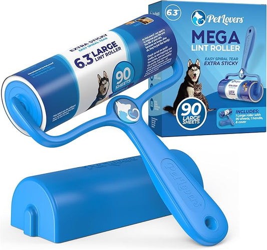 PetLovers 6.3" Large Lint Roller for Pet Hair Extra Sticky 90 Sheets, Ideal for Pet Hair Removal from Furniture & Clothes, Dog and Cat Lint Remover
