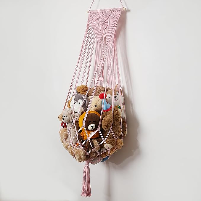 Amdermi Stuffed Animal Net or Hammock Corner or Wall Hanging Net for Plush Toy Storage Boho Macrame Toy Display Nursery Bedroom Decor Stuffy Animal Toy Organizer (Pink)