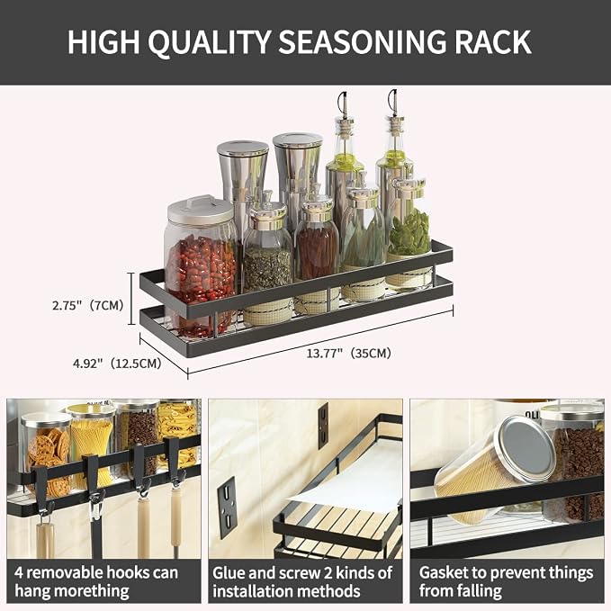 Spice Rack Organizer Wall Mount, 14" Hanging Black Spice Organizer Shelf, 2 Pack Farmhouse Seasoning Organizer, Spice Shelves Holder for Kitchen, Flexible Bathroom Organizer