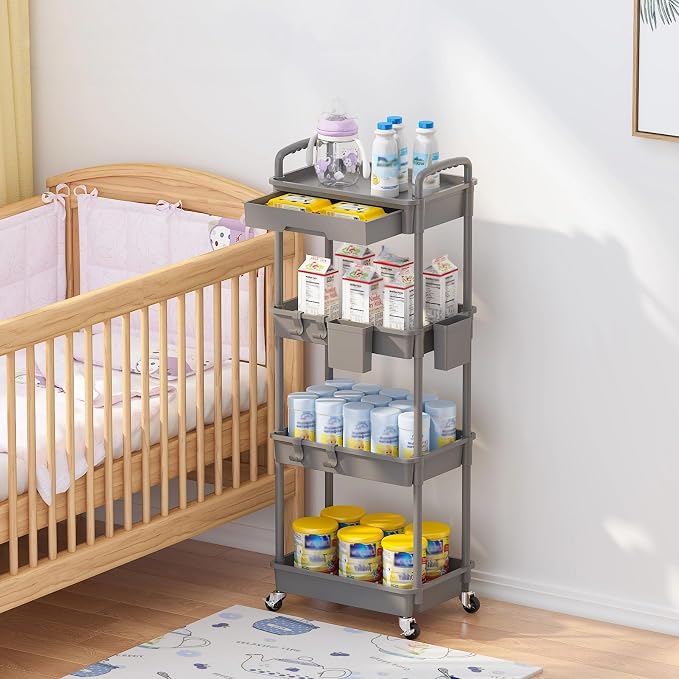 4 Tier Rolling Utility Cart with Drawer, Plastic Storage Organizer Rolling Carts with Wheels Handles Hanging Cups Hooks for Office, Bathroom, Kitchen,Craft Art Room (Grey)