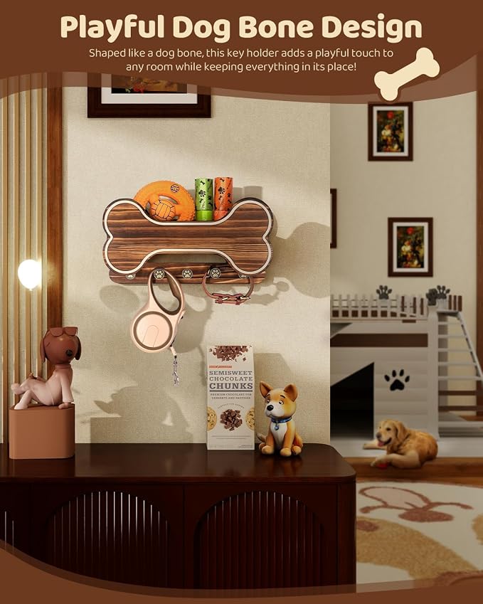 MTERSN Dog Leash Holder for Wall with Key Hooks for Dog Gear Storage, Brown | 3D Puppy Paw Hooks, Doggie Bone Shape, Key Rack with 5 Hooks, Wall Shelf for Treats & Dog Food, Ideal for Wall Decor