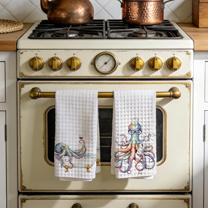2PCS Funny Octopus Bathroom Towels 24x14 Inch, Octopus Toilet Paper Reusable Durable Microfiber Dish Cloth Hand Towel, Waffle Weave Tea Towels for Bathroom Home Decor, Ocean Gifts for Women Friend