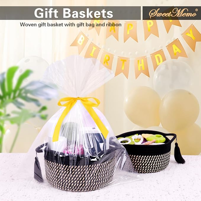 Small Gift Basket Empty to Fill, Gifts Bag & Ribbon, Dark Brown | Cute Decorative Mini Woven Rope Basket with Handles for Gifting; Reusable for Bathroom Counter or Desk Catchall, 8 x 4.7 in