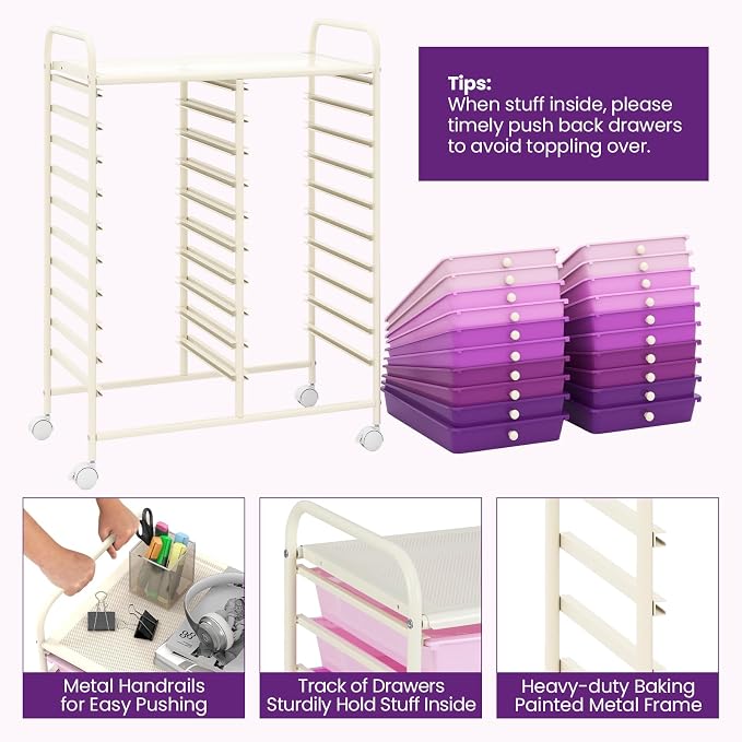 20 Drawer Rolling Storage Cart, Art Cart Organizer with Wheels for Makeup, Tool, Paper, Multipurpose Craft Storage Cart with Drawers for Office, Home, Classroom, School (Gradient Purple)