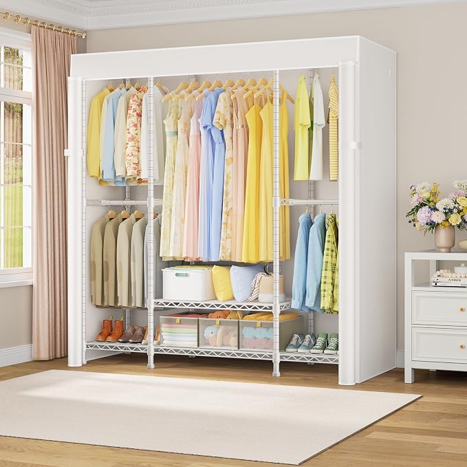 E3C White Clothes Rack with Beige Cover, Heavy Duty Garment Rack | Freestanding Metal Closet System Storage Organizer for Clothing, Clothing Rack Holds up to 850 lbs, 59.5"W x 16.5"D x 77.4"H