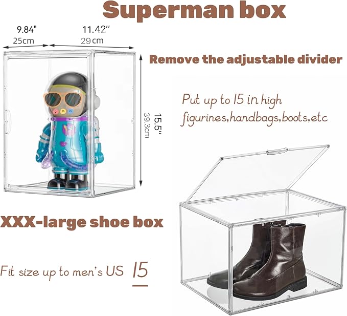 Attelite XXX-Large Acrylic Display Case Boot Shoe Storage Boxes | Boot Display Case With An Adjustable Divider, Clear Shoe Organizer for Sneakers 2 Tiers ,Tool-free Assembly,Magnetic Door