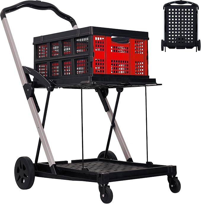 2-Tier Double Cat Litter Box Enclosure Furniture with Doors, Foldable Shopping Cart for Groceries, Hidden Storage, Ladder, Hammock, Metal Mesh for Apartment, Office, Travel, Green