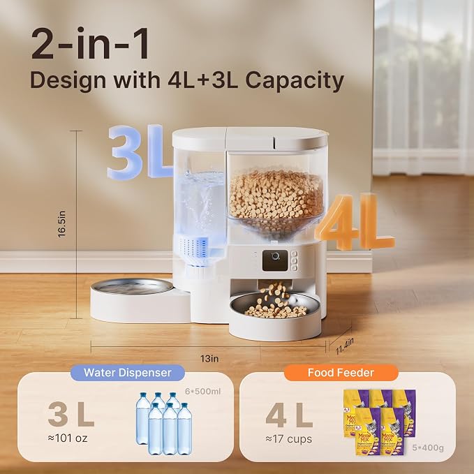Automatic Cat Feeder with Camera, 2 in 1 Cat Food and Water Dispenser | 2K HD Video and Night Vision, 5G App Controlled Timed Pet Feeder, 4L Food & 3L Gravity Waterer, 2-Way Audio for Cat Small Dog