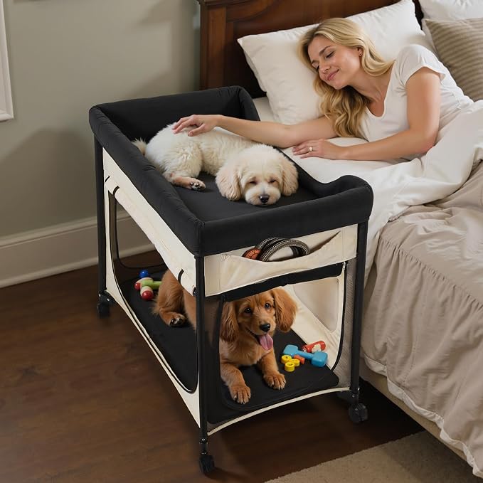VEVOR Bedside Lounge Pet Bed, Foldable Bunk Dog Bed with 600D Oxford Cloth and Dutch Velvet, Portable Raised Cot with Wheels, Side Storage Bags, and Carry Bag for Cats & Dogs, L, Beige