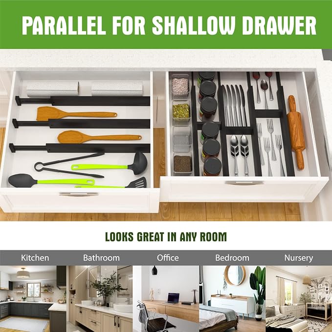 Bamboo Drawer Dividers Organizers, Expandable Drawer Separators Splitter,17-22 inches Long Adjustable Spring-loaded Organizer for Large Utensil, Clothes, Tools Drawers (Black)