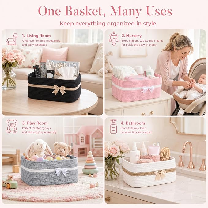 OIAHOMY Large Woven Storage Basket with Handles for Nursery Living Room Shelves, Bow Basket for Gifts Empty with Gift Bags and Ribbons for Baby Showers Pet Toy Bin - Pink, 19L