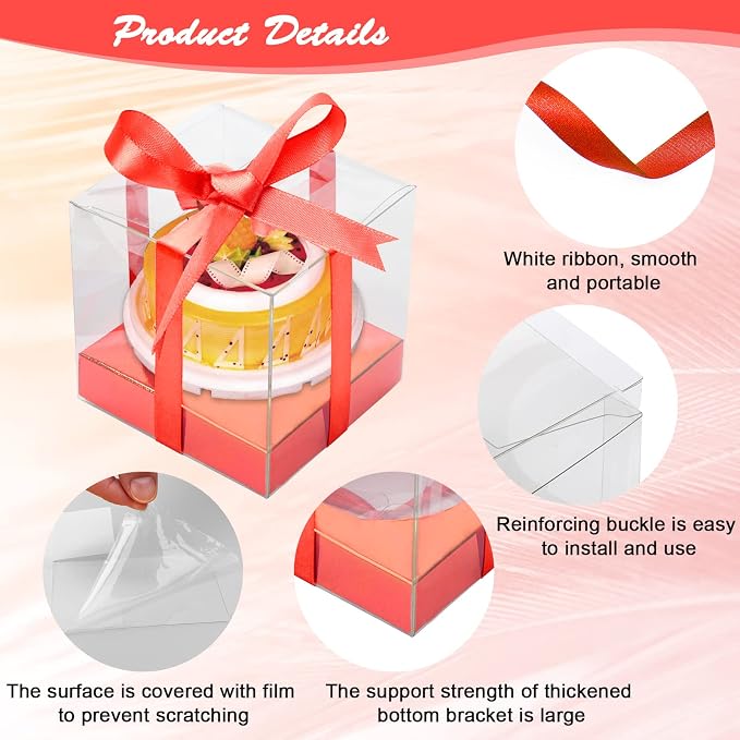 12 PCS Clear Cupcake Boxes 3.5 Inch Cupcake Containers (Red) | Disposable Cupcake Carrier Plastic Individual Cupcake Storage Holder with Ribbons and Inserts for Wedding, Birthday Party