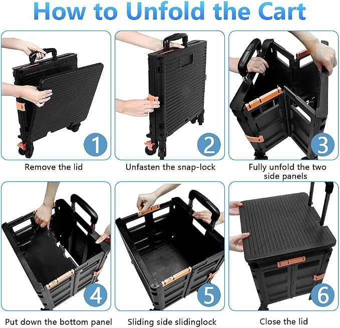 FELICON SELORSS Foldable Utility Cart Folding Portable Rolling Crate-Black | Heavy Duty,Telescoping Handle,4 Rotate Wheels,Collapsible Handcart for Travel Shop Move Luggage Laundry Teacher Office Use