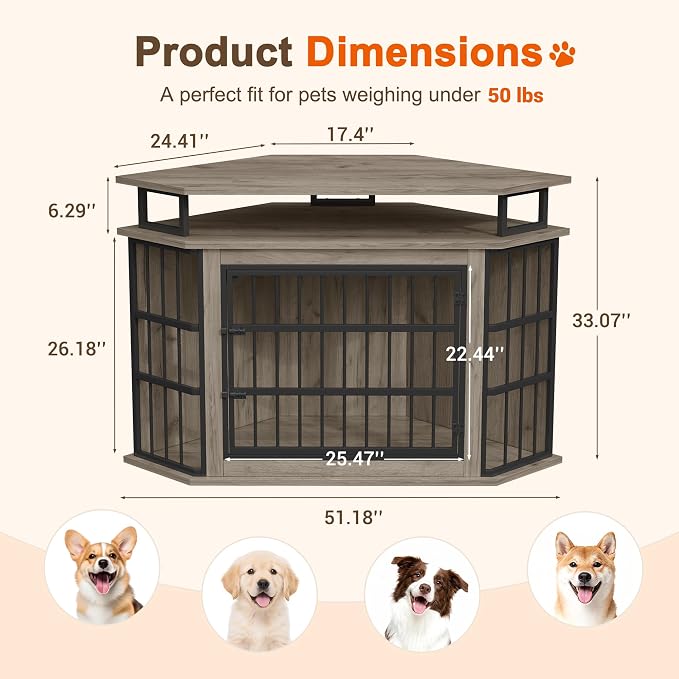 51" Corner Dog Crate Furniture Large Wooden Dog Kennel Indoor Dog House | With 2-Tier Shelves, Large Storage Space, Space-Saving Design, Multi-functional Pet House, Sturdy & Secure, Easy Assembly