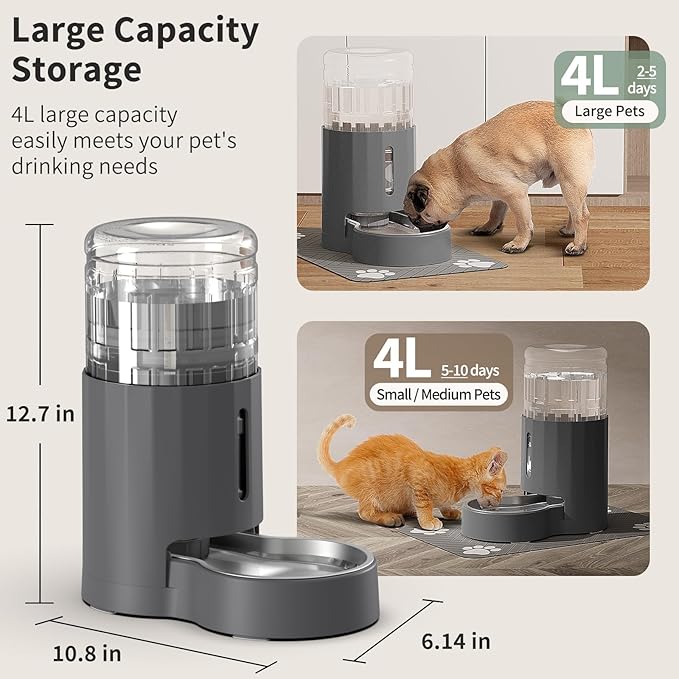 JUNSPOW Cat Water Dispenser with Placemat and Stainless Steel Bowl, Automatic Gravity Water Dispenser for Cats or Small Medium Size Dogs, Large Capacity, Easy to Clean and Safe for Pets (4L)