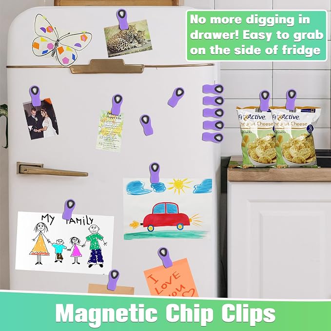 12 Pack Chip Clips, Bag Clips for Food, Magnetic Sealers for Chips and Other Food, Plastic Bag Clip for Kitchen, Fridge, Clothes, Sewing and Artwork (Purple)