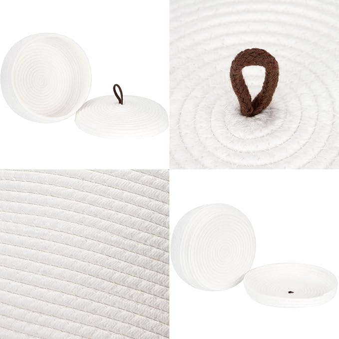 Sea Team Round Woven Cotton Rope Storage Basket with Lid, White | Lidded Knitted Decorative Storage Bin, Pot, Caddy, Organizer, Container for Snacks, Towels, Plants, 10 x 4.5 Inches