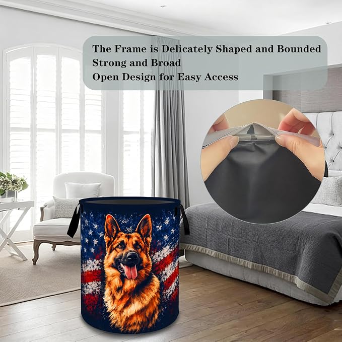German Shepherd Flag Laundry Basket Hamper, Organizer Bins Gifts for Women Kids, Patriotic Foldable Dog Waterproof Clothes Hamper Handles Storage Bucket for Bedroom Bathroom Room Decor 19.7"x15.7"