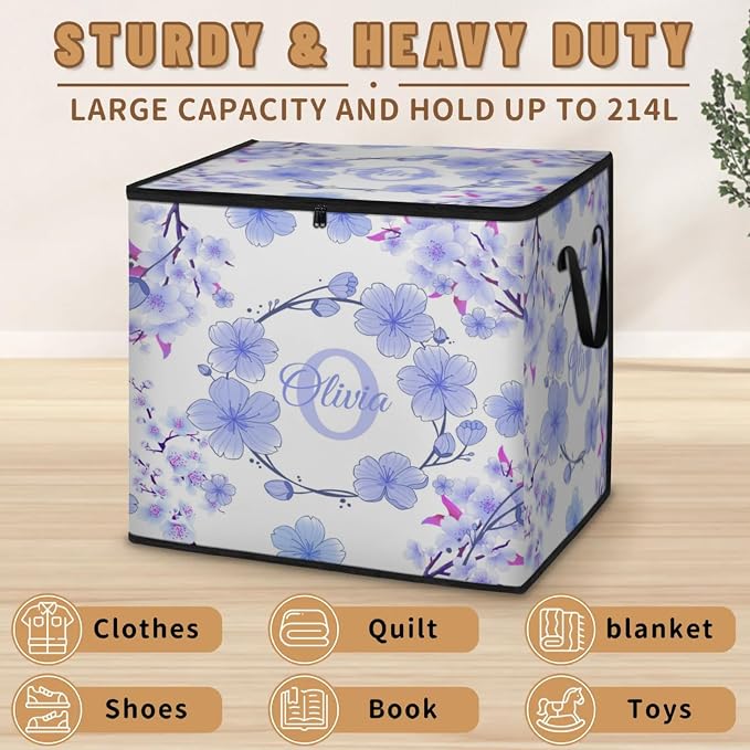 Custom Name Storage Bin with Lid, Personalized Extra Large Watercolor Blue Cherry Blossom Storage Basket with Handles Zippers for Comforters, Blankets, Bedding Closet Shelf Baskets, Initial Letter