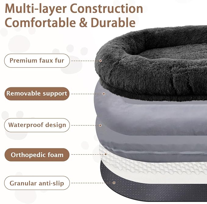 ROOMTEC Human Dog Bed, 71''x45''x12'' Size Fits Adult Pet Washable Oversize People Bed 10 CM Thick Memory Foam Large Giant Pet Bed with Plump Pillow, Blanket, Strap - Black