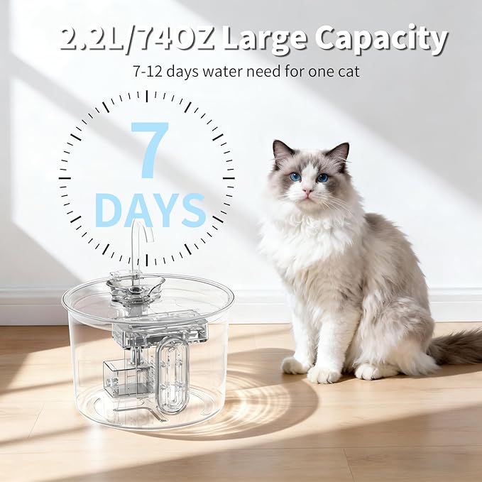 Stainless Steel Cat Fountain - 2.2L/74oz Ultra-Quiet Drinking Automatic Pet Water Fountain with Replacement Filters Cat Water Fountain with LED Window for Cats and Small Dogs