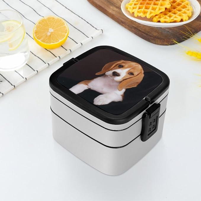 Ovely Pet Dog Beagle Double Layer Bento Box, 1000ml Stackable Leakproof Lunch Container with Spoon, Portable 2-Tier Food Storage Box for Office Work Picnic Camping and Travel