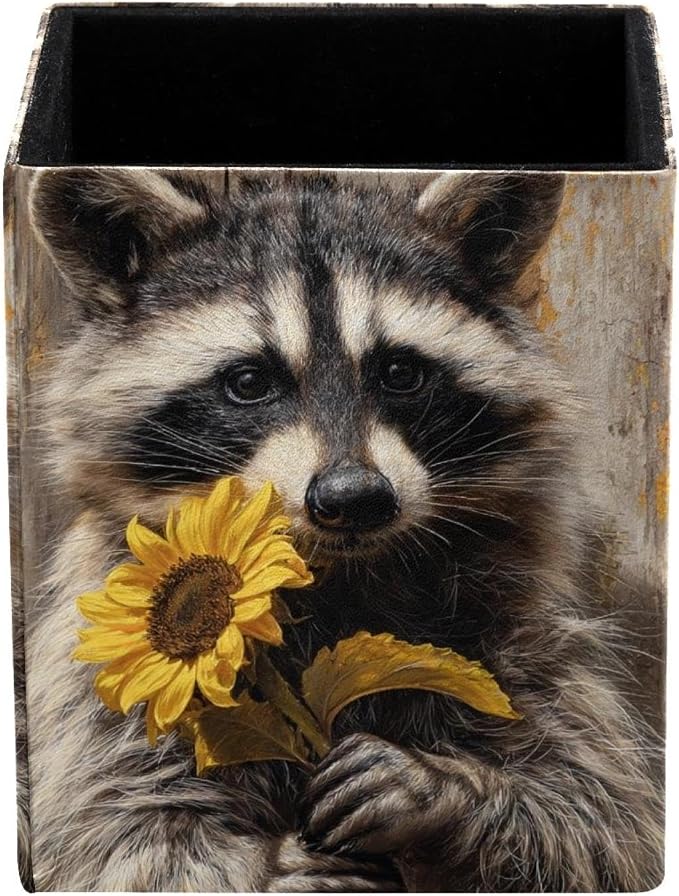 Sunflower and Raccoon Pen Holder for Desk Decor, Rectangular PVC Leather Pencil Cup for Desk Pen Organizer, Makeup Brush Holder for School, Home, Office